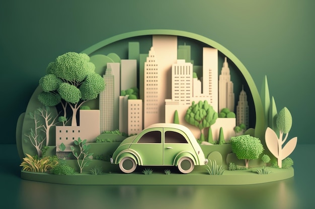 Carro ecológico com corte de papel de paisagem urbana Conceito de energia renovável e sustentável Generative AI