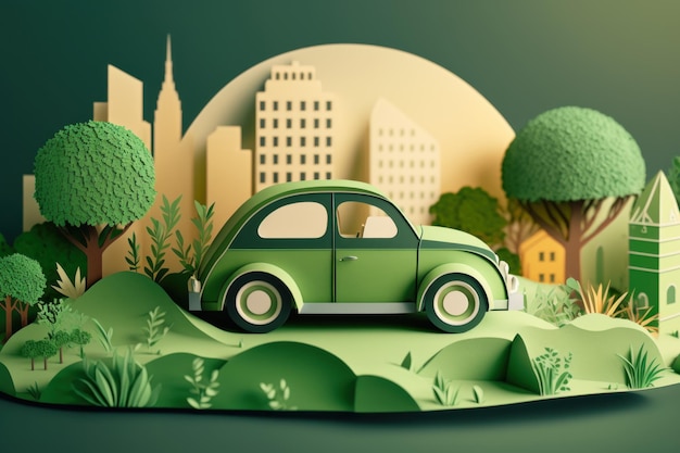 Carro ecológico com corte de papel de paisagem urbana Conceito de energia renovável e sustentável Generative AI