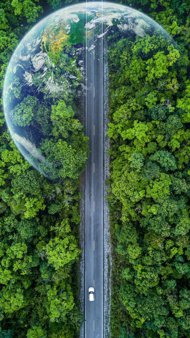 Foto carro ecológico na estrada da floresta com o planeta terra passando pela floresta ecossistema ecologia ambiente saudável viagem por estrada carro ecológico com a natureza carro elétrico e terra ev energia elétrica para o meio ambiente