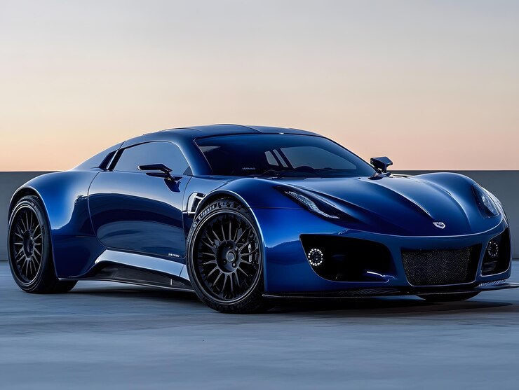 Foto carro elétrico azul futurista com design elegante e luzes led azuis vibrantes exibido em um ambiente moderno de alta tecnologia