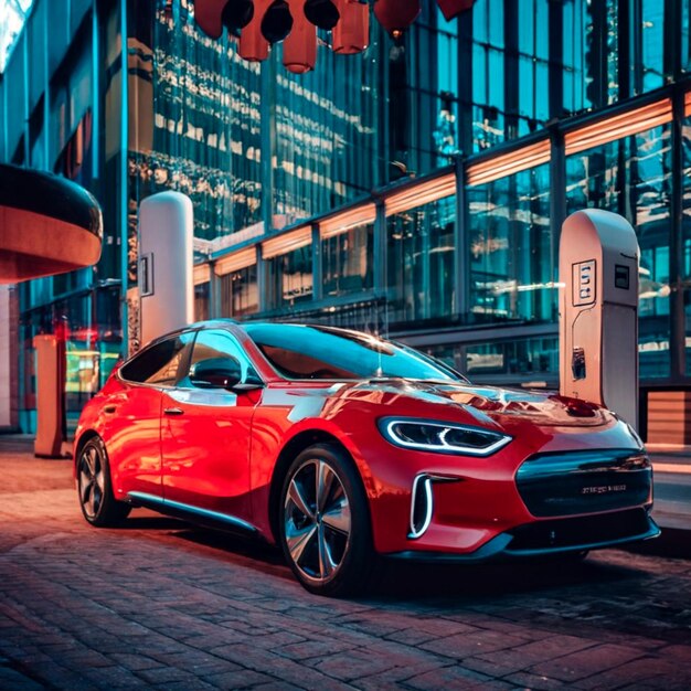 Carro elétrico carregando em um posto de gasolina na cidade