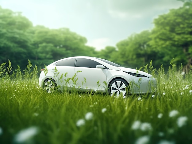 Foto carro elétrico em belo parque tecnologia amigável ao meio ambiente gerada por ai