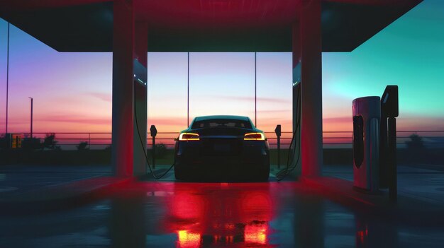 Foto carro elétrico futurista carregando na estação contra o céu vibrante do pôr-do-sol