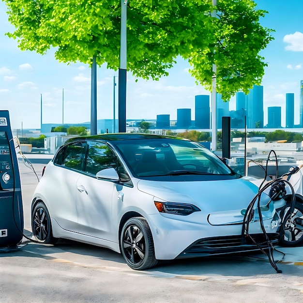 Carro elétrico ligado a um carregador