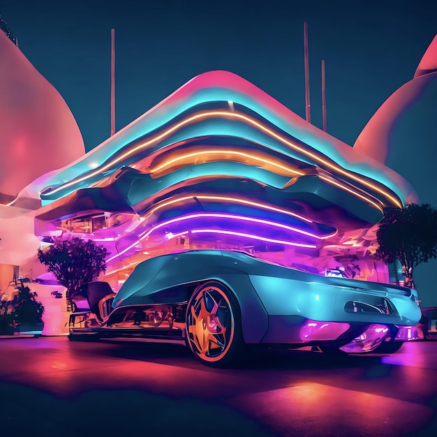 Carro elétrico luzes bioluminescentes Cidade futurista com outdoors Estrada Hiper Realista Fantasia AI G