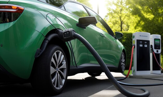 Carro elétrico na estação de carregamento com o cabo de alimentação ligado