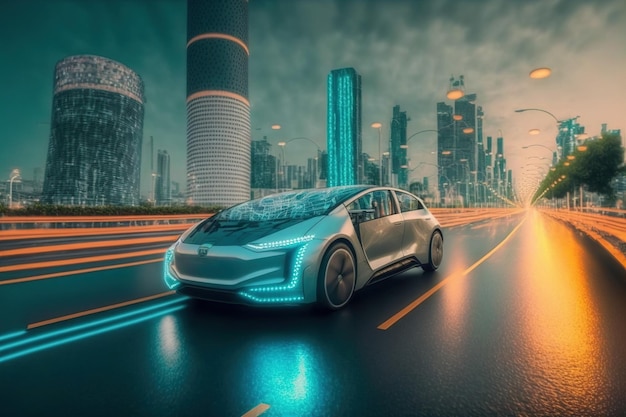 Carro elétrico rápido com software de sensor autônomo futurista dirigindo na estrada