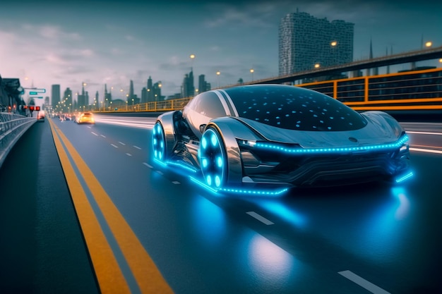 Carro elétrico rápido com software de sensor autônomo futurista dirigindo na estrada