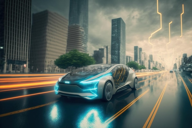 Carro elétrico rápido com software de sensor autônomo futurista dirigindo na estrada