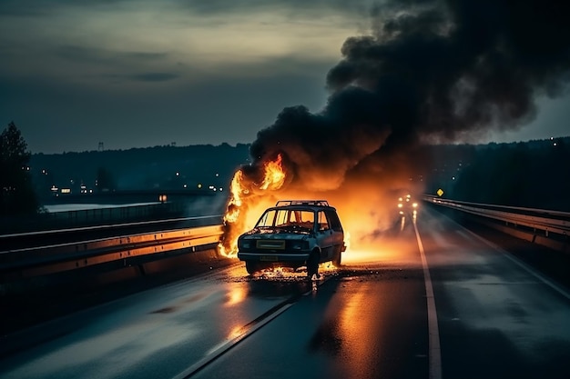 Carro em chamas na estrada Generative AI