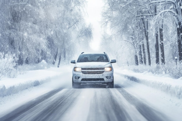 Carro em estrada nevada na floresta de inverno Perigo dirigindo em estrada escorregadia durante nevasca