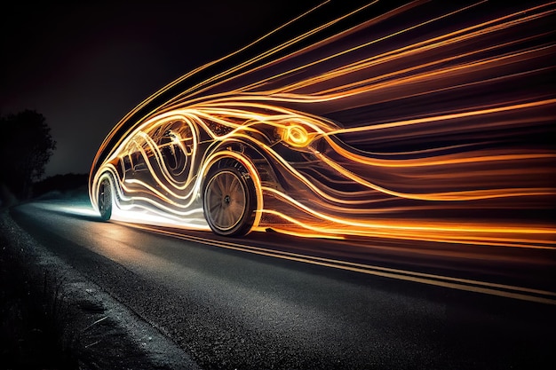 Foto carro em movimento rápido com suas luzes brilhando capturadas em foto de longa exposição