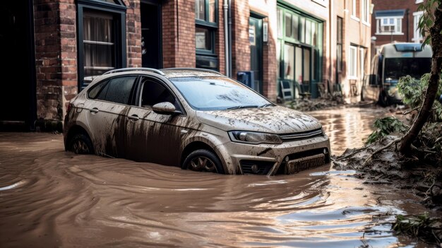 Carro em uma rua inundada depois de uma chuva forte