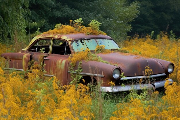 Carro enferrujado abandonado em campo coberto de vegetação criado com generative ai