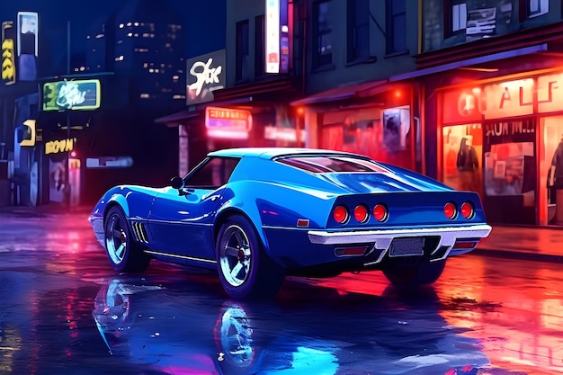 Carro esporte azul na cidade à noite