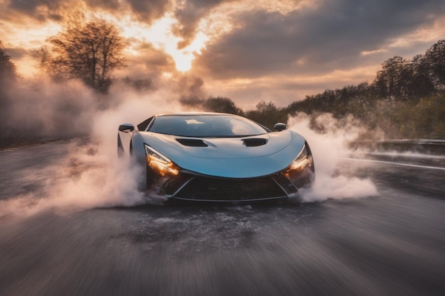 carro esporte elétrico ev bateria explosão queimar fogo chamas pôr do sol na rodovia