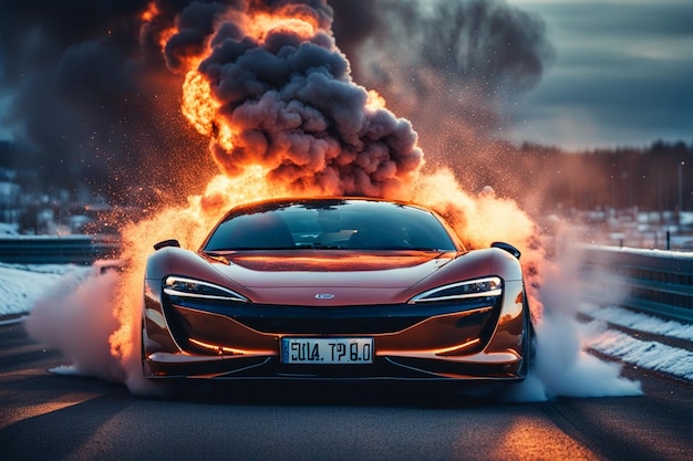 carro esporte elétrico ev bateria explosão queimar fogo chamas pôr do sol na rodovia