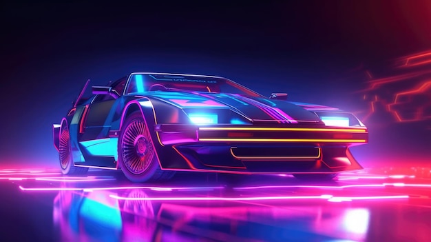 Carro esporte futurista com luzes de néon na rua da cidade cyberpunk Generative AI