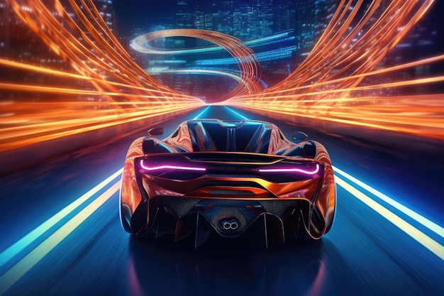 Carro esporte futurista na estrada com efeito de luz de desfoque de movimento Generative AI