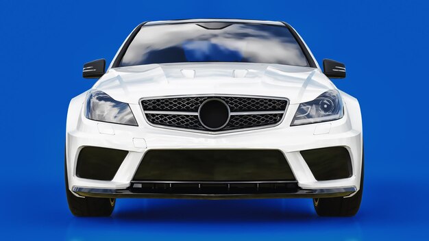 Carro esporte super rápido branco sobre fundo azul. Sedan em forma de corpo. O Tuning é uma versão de um carro familiar comum. Renderização 3D.