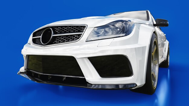 Carro esporte super rápido branco sobre fundo azul. Sedan em forma de corpo. O Tuning é uma versão de um carro familiar comum. Renderização 3D.