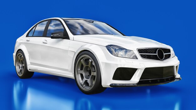 Carro esporte super rápido branco sobre fundo azul. sedan em forma de corpo. o tuning é uma versão de um carro familiar comum. renderização 3d.