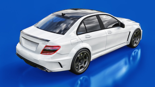 Carro esporte super rápido branco sobre fundo azul. Sedan em forma de corpo. O Tuning é uma versão de um carro familiar comum. Renderização 3D.