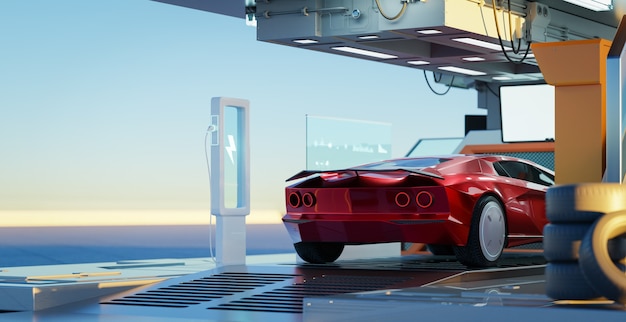 Carro esporte vermelho de conceito genérico sem marca inexistente na garagem futurista. Renderização 3D