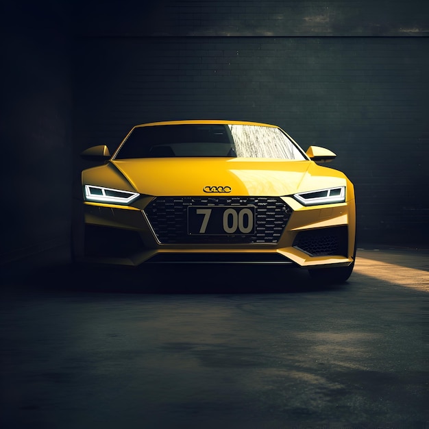 Carro esportivo amarelo em uma imagem de renderização 3d de fundo escuro