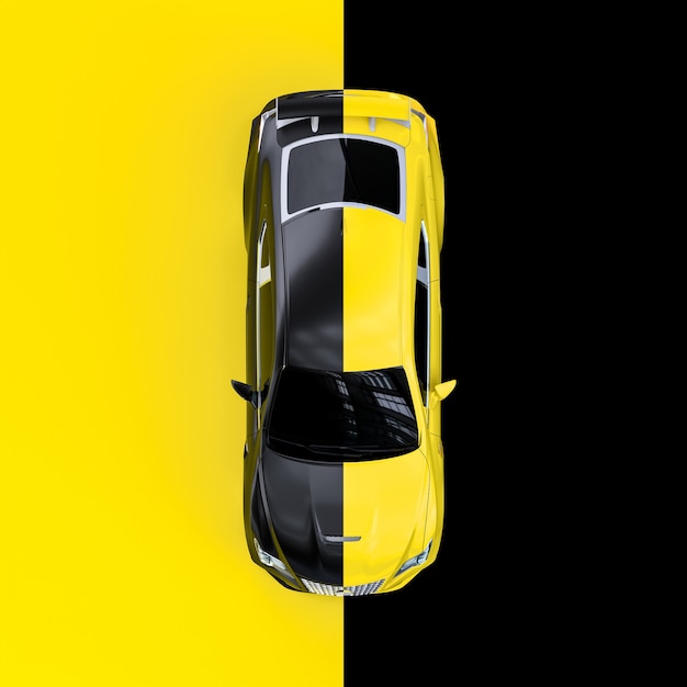 Carro esportivo amarelo visto de cima, alternando a cor preta e amarela. 3d render