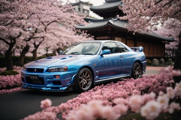 Foto carro esportivo azul contra o fundo de flores de cerejeira