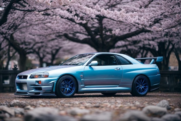 Foto carro esportivo azul contra o fundo de flores de cerejeira