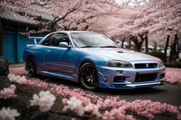 Carro esportivo azul contra o fundo de flores de cerejeira