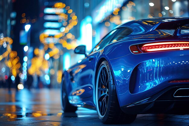 carro esportivo azul de luxo na estrada à noite luz traseira de perto