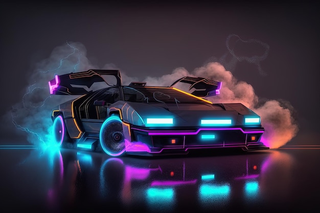 Carro esportivo com luzes de neon em um carro HUD de estilo futurista Generative AI