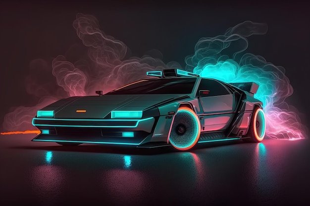 Carro esportivo com luzes de neon em um carro HUD de estilo futurista Generative AI