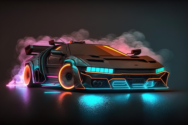 Carro esportivo com luzes de neon em um carro HUD de estilo futurista Generative AI