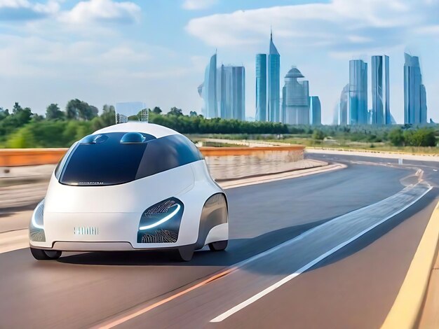 Foto carro esportivo de conceito genérico futurista acelerando na estrada da cidade com borracha de movimento ai generative