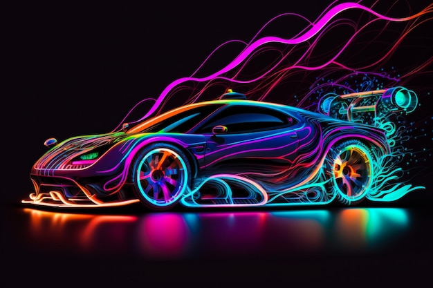 Carro esportivo de cor neon em fundo preto Generative AI