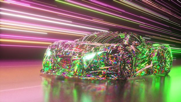Carro esportivo de diamante de conceito futurista no fundo de linhas de néon brilhantes laser de néon verde dll