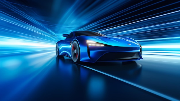 Carro esportivo de luxo azul de movimentação rápida movendo-se em alta velocidade na pista de corrida com efeito de desfoque de movimento
