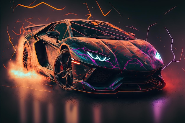 Carro esportivo de neon cyberpunk em alta velocidade em estilo neon em um fundo gradiente Drift street racing aros de titânio arte de alta definição generativa inteligência artificial