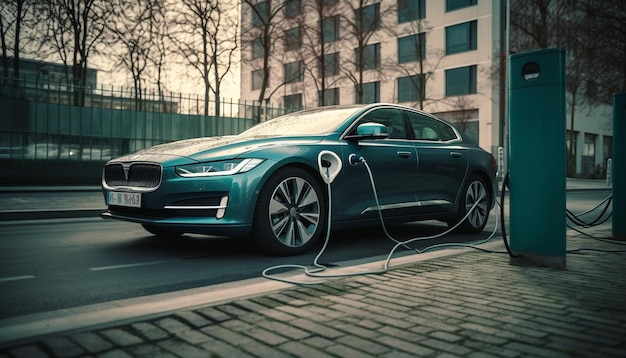 Carro esportivo elétrico moderno carregando no estacionamento futurista da cidade gerado por IA