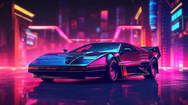 Carro esportivo futurista com luzes de néon na rua da cidade cyberpunk Generative AI