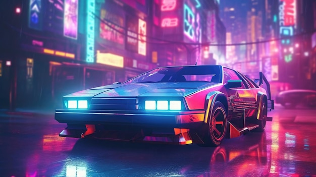 Carro esportivo futurista com luzes de néon na rua da cidade cyberpunk Generative AI