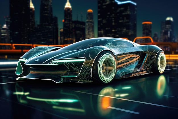 Carro esportivo futurista em fundo escuro Veículo automotivo elétrico com luzes led brilhantes Visualização digital de transporte futurista