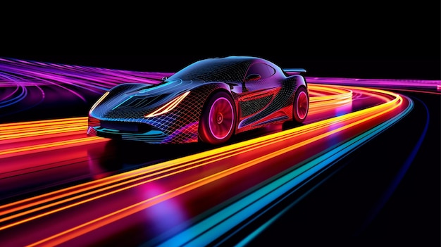 Carro esportivo futurista na estrada neon acelerando o piloto noturno piscando para frente generativo Ai