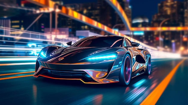 Carro esportivo futurista na estrada neon acelerando o piloto noturno piscando para frente generativo Ai