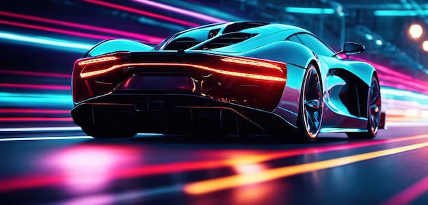 Carro esportivo futurista na rodovia Neon Aceleração poderosa de um supercarro em uma pista noturna com col