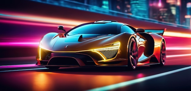 Carro esportivo futurista na rodovia Neon Aceleração poderosa de um supercarro em uma pista noturna com col